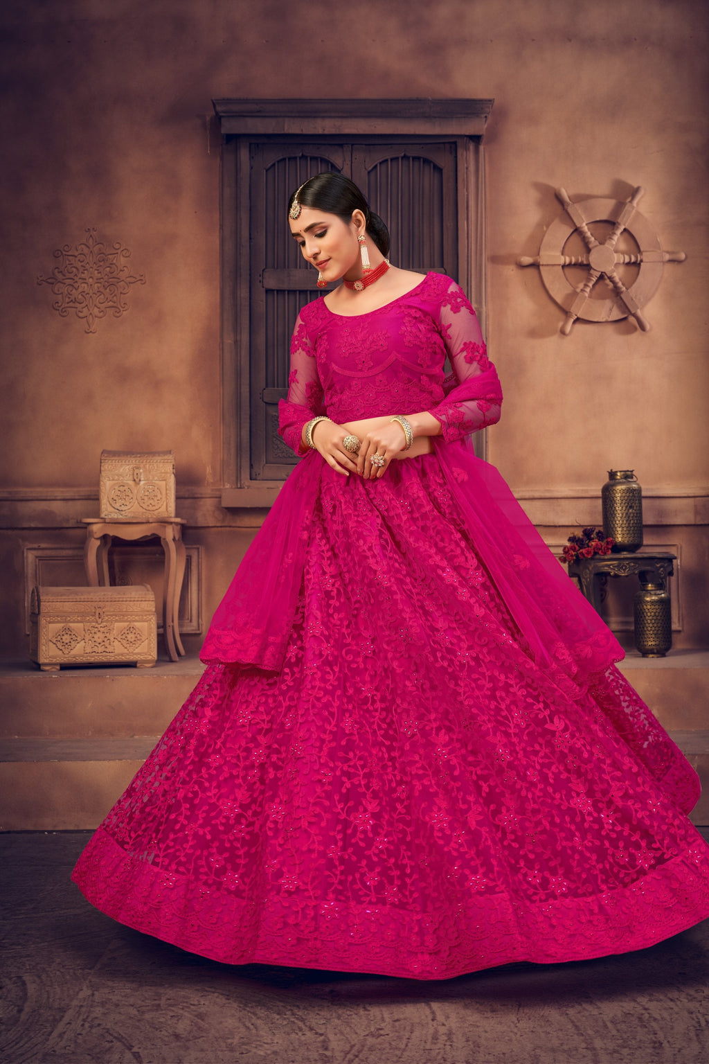 Rani Pink Net Thread Embroidered Lehenga Choli Set