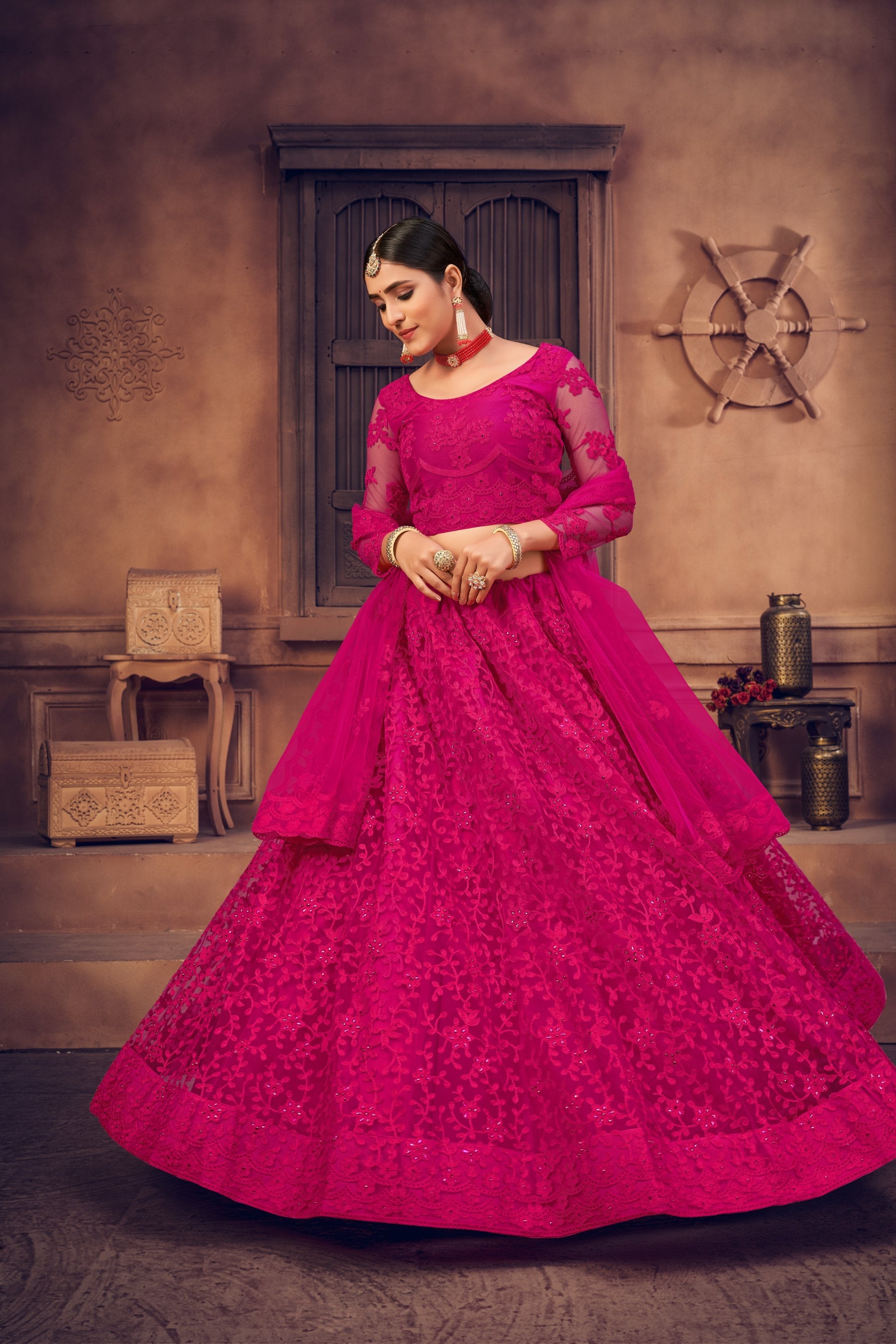 Rani Pink Net Thread Embroidered Lehenga Choli Set