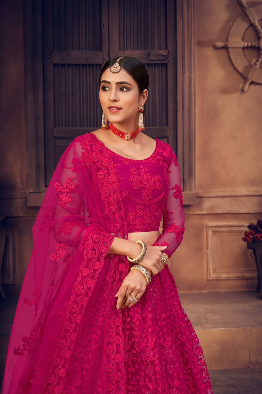 Rani Pink Net Thread Embroidered Lehenga Choli Set