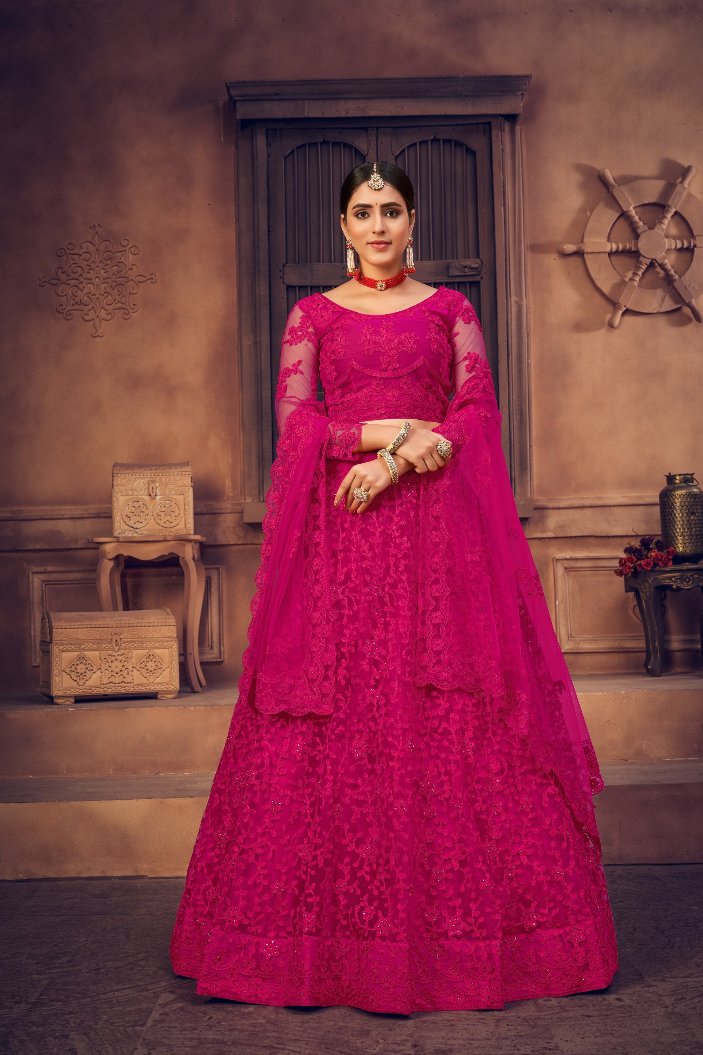 Rani Pink Net Lehenga Choli set with intricate thread embroidery
