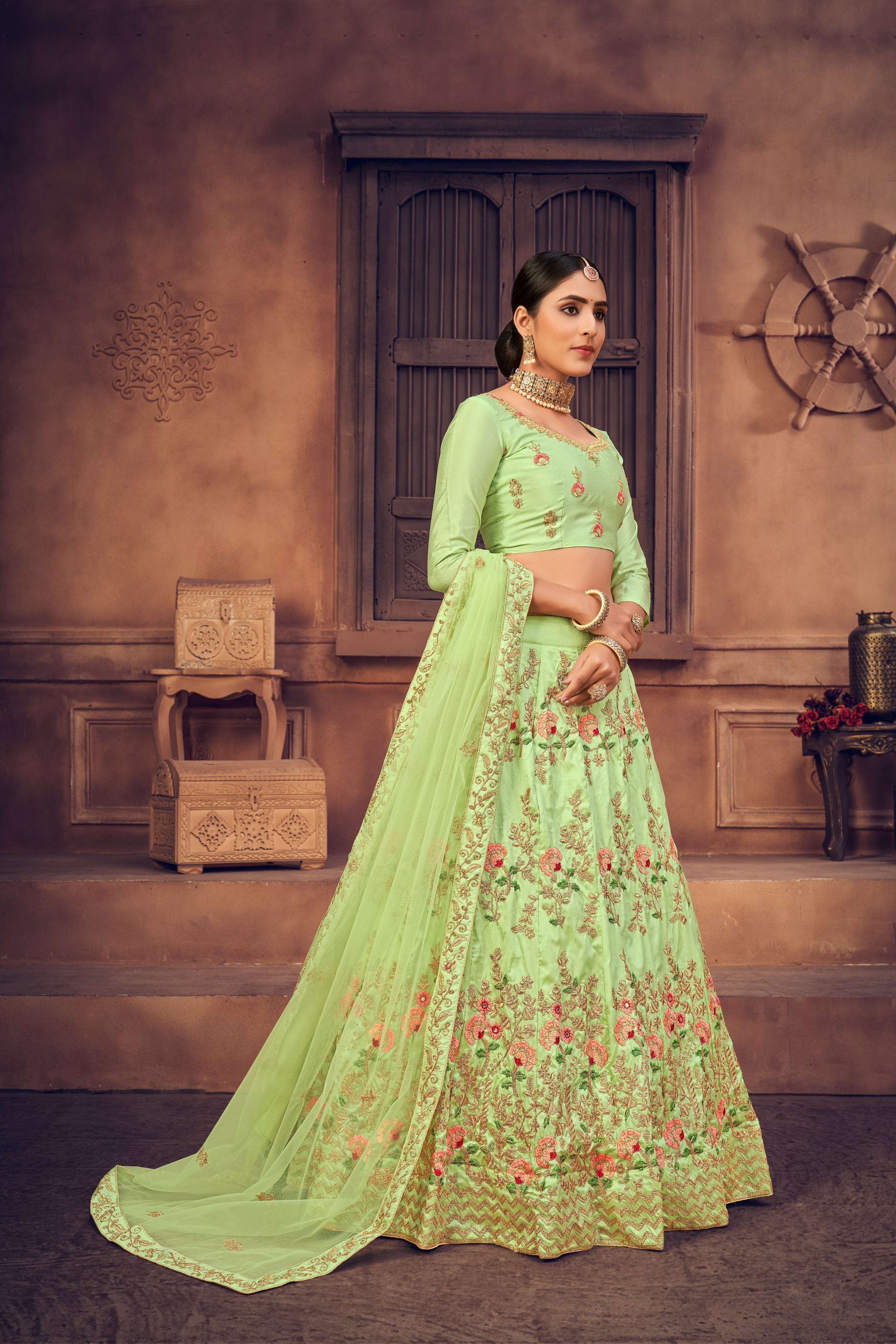Pista Green Taffeta Silk Thread Embroidered Lehenga Choli