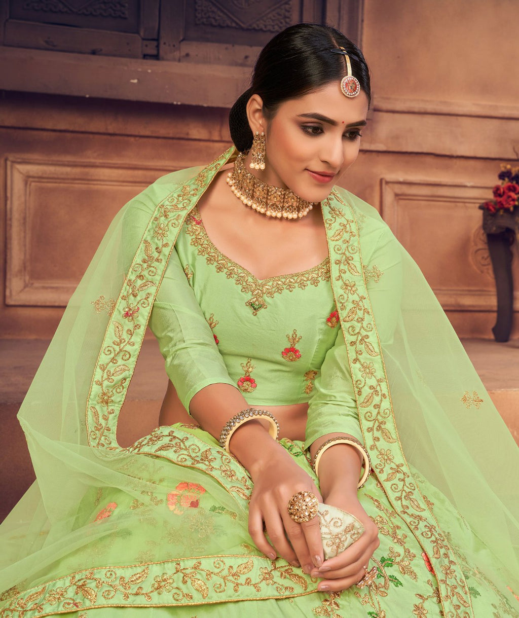 Pista Green Taffeta Silk Thread Embroidered Lehenga Choli