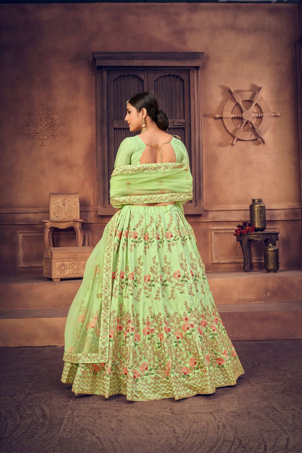 Pista Green Taffeta Silk Thread Embroidered Lehenga Choli