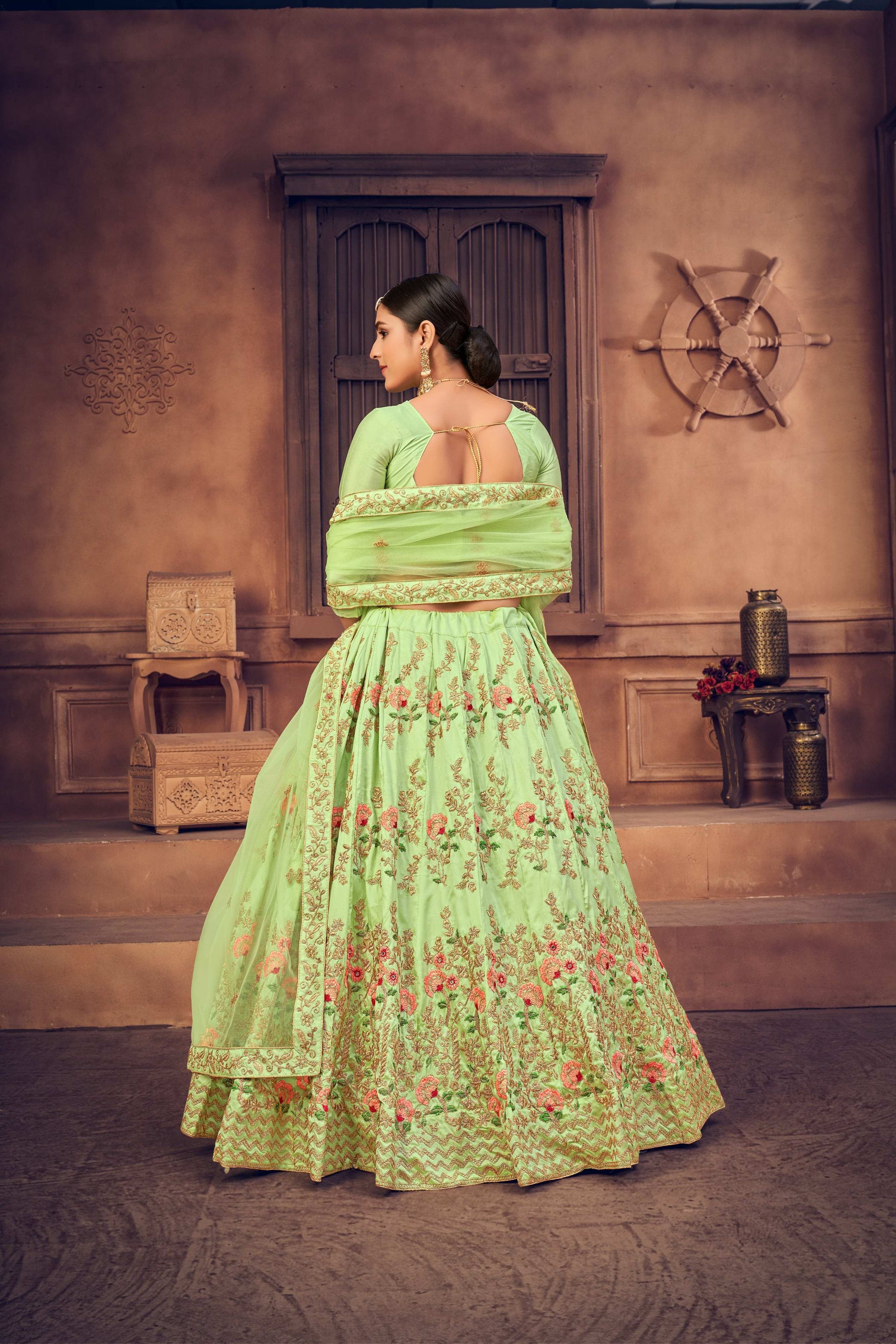 Pista Green Taffeta Silk Thread Embroidered Lehenga Choli