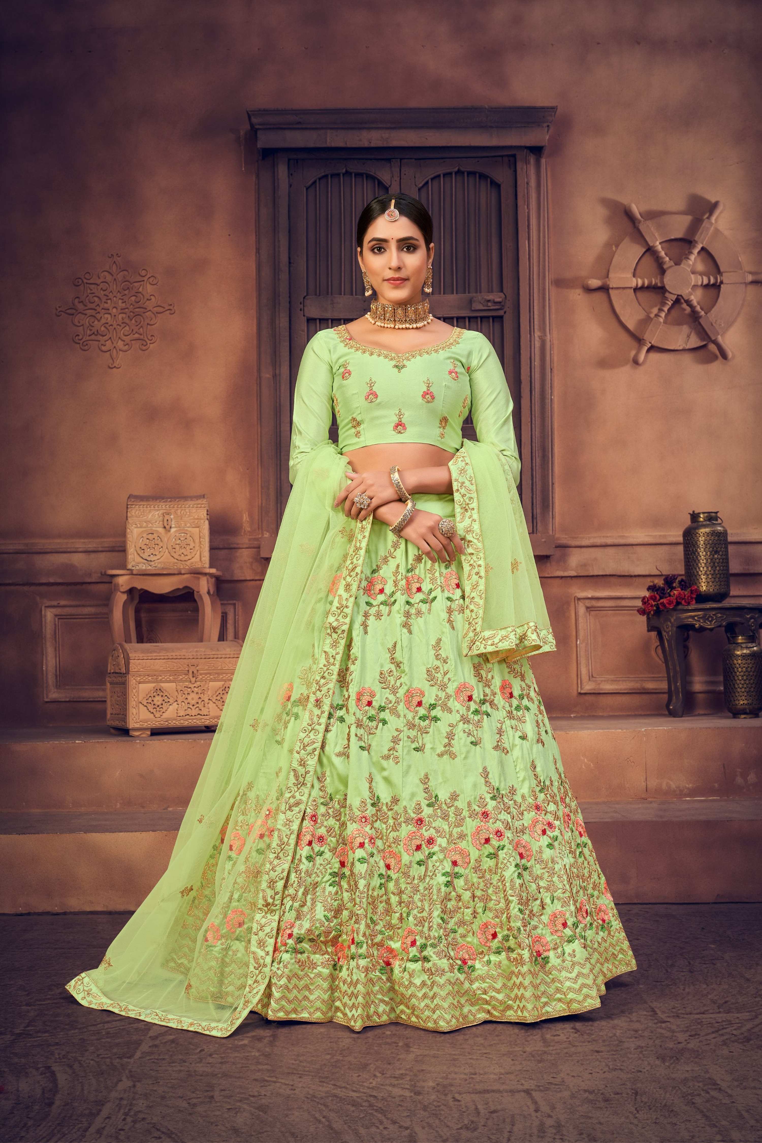 Pista green taffeta silk designer lehenga choli with thread embroidery