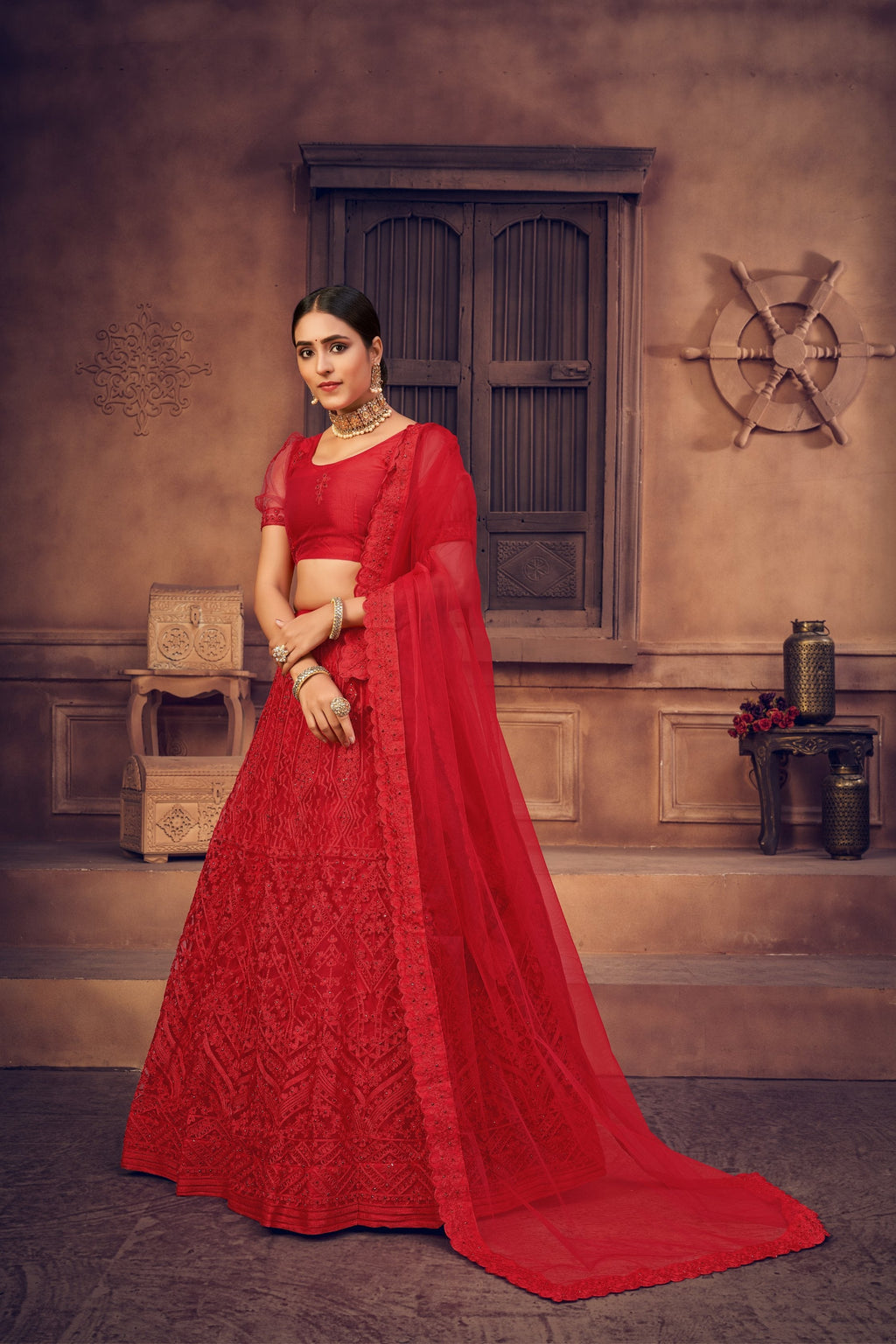 Women's Red Net Thread Embroidered Designer Lehenga Choli Set
