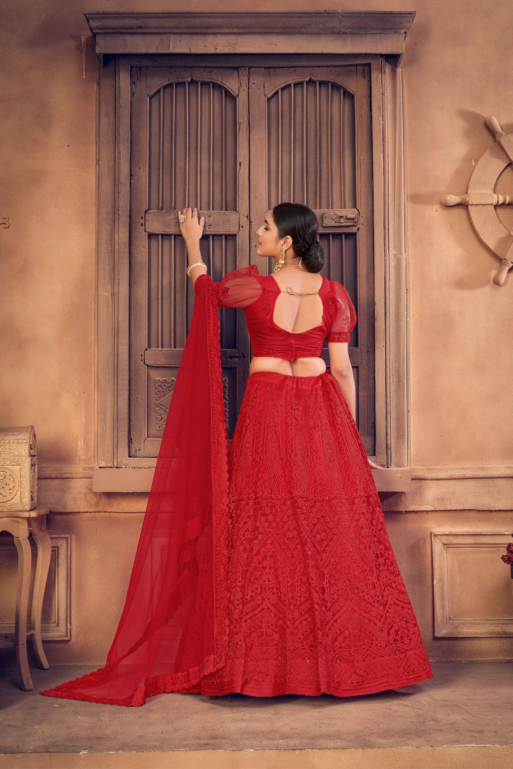 Women's Red Net Thread Embroidered Designer Lehenga Choli Set