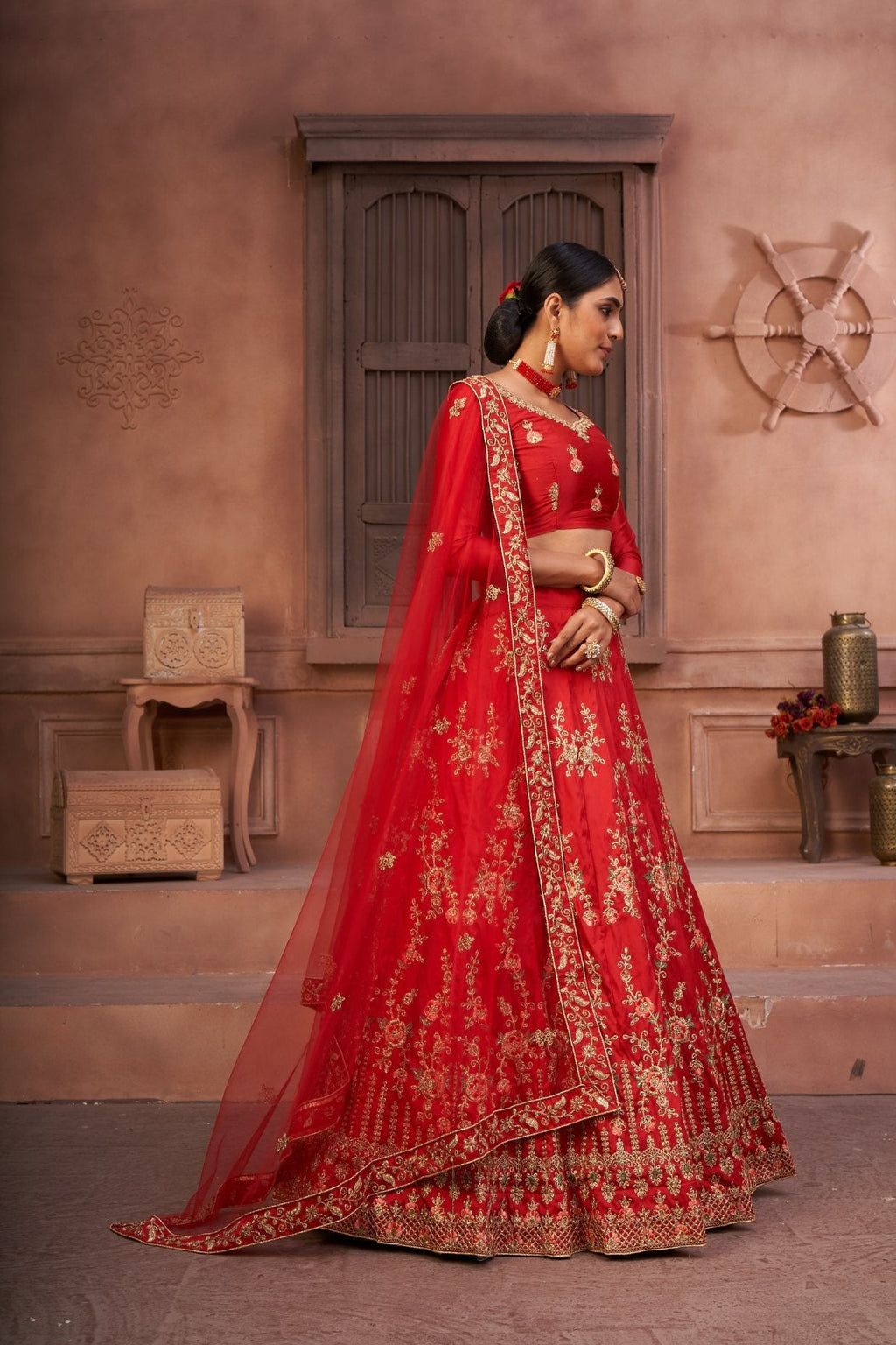 Women's Red Taffeta Silk Thread Embroidered Lehenga Choli Set