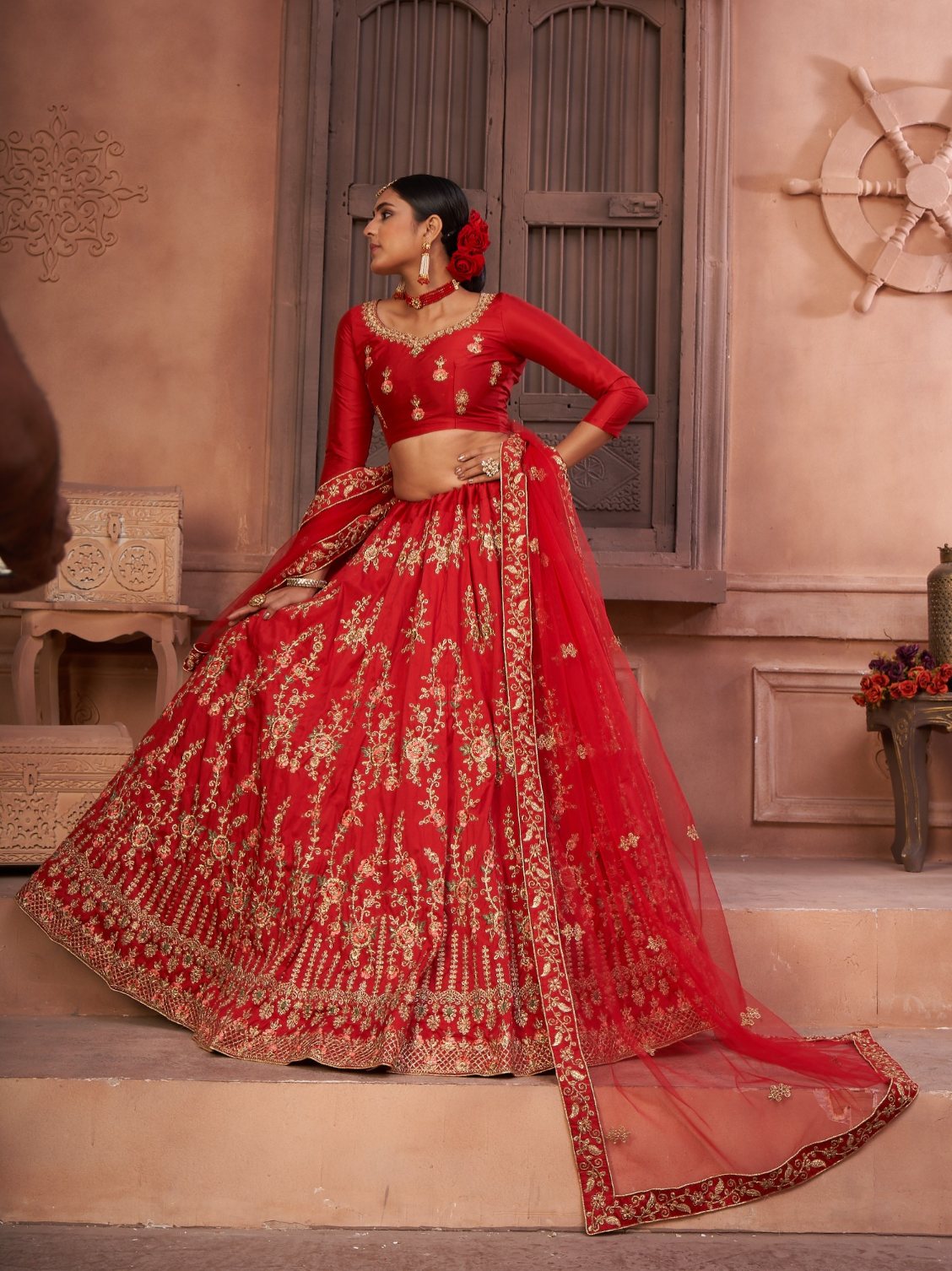 Women's Red Taffeta Silk Thread Embroidered Lehenga Choli Set