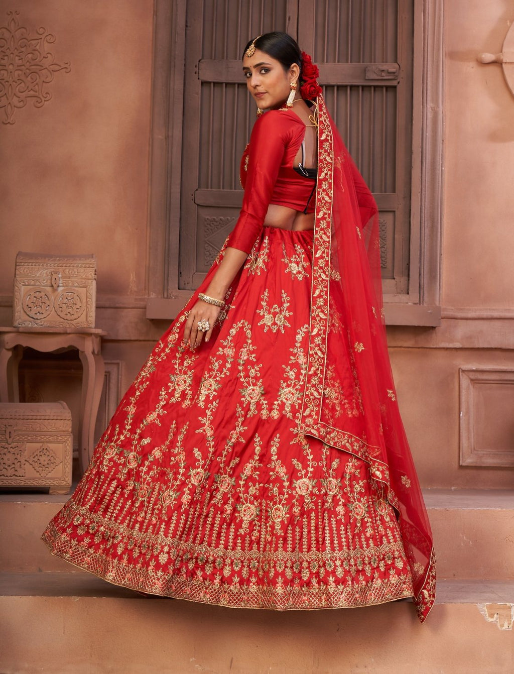 Women's Red Taffeta Silk Thread Embroidered Lehenga Choli Set