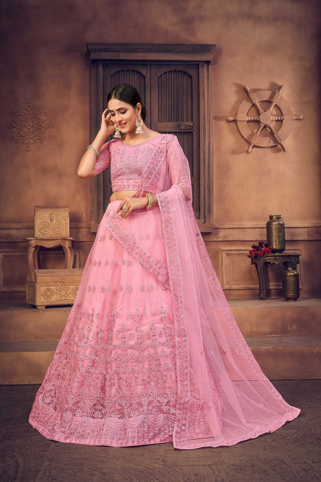 Baby Pink Net Thread Embroidered Lehenga Choli Set for Girls