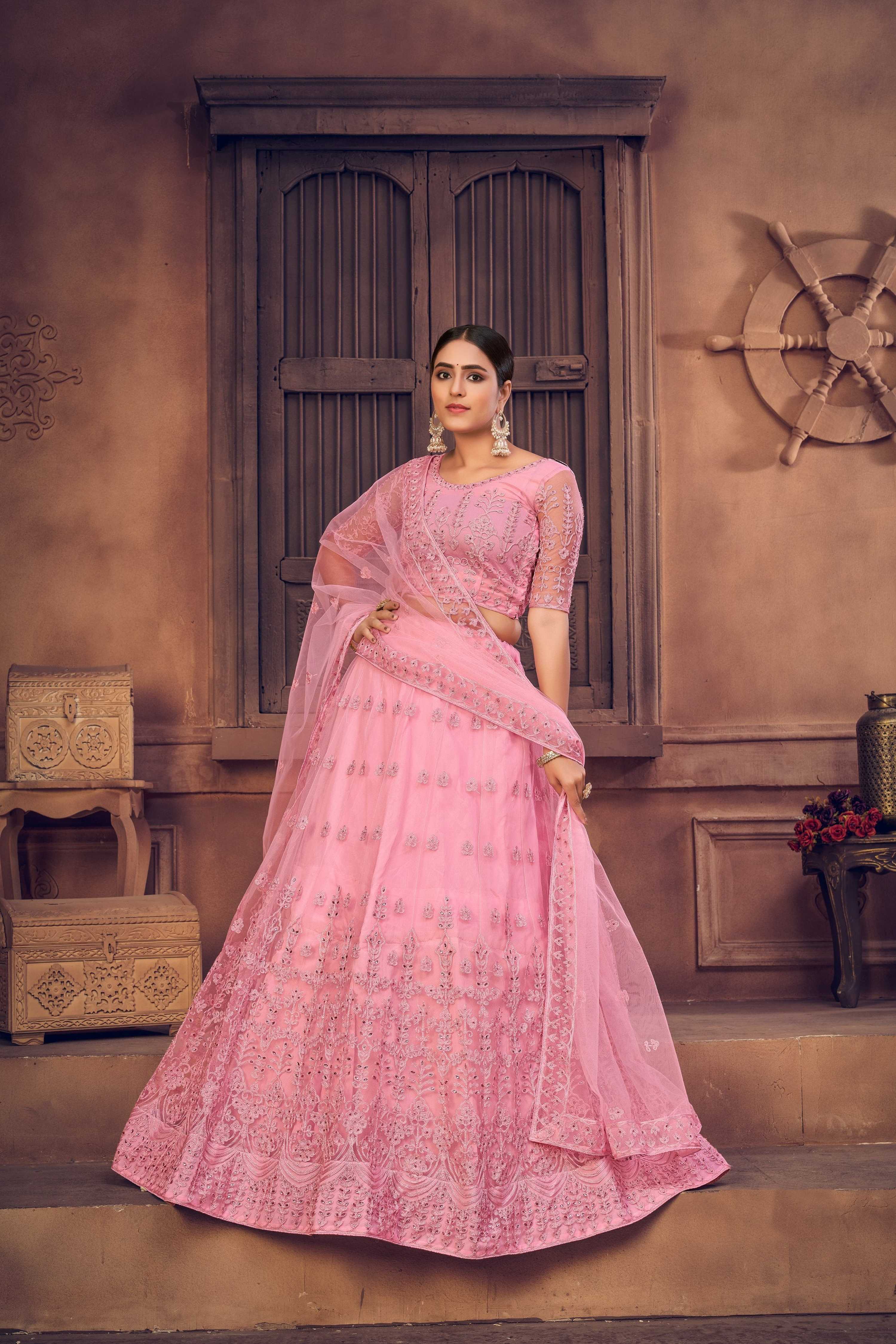 Baby Pink Net Thread Embroidered Lehenga Choli Set for Girls