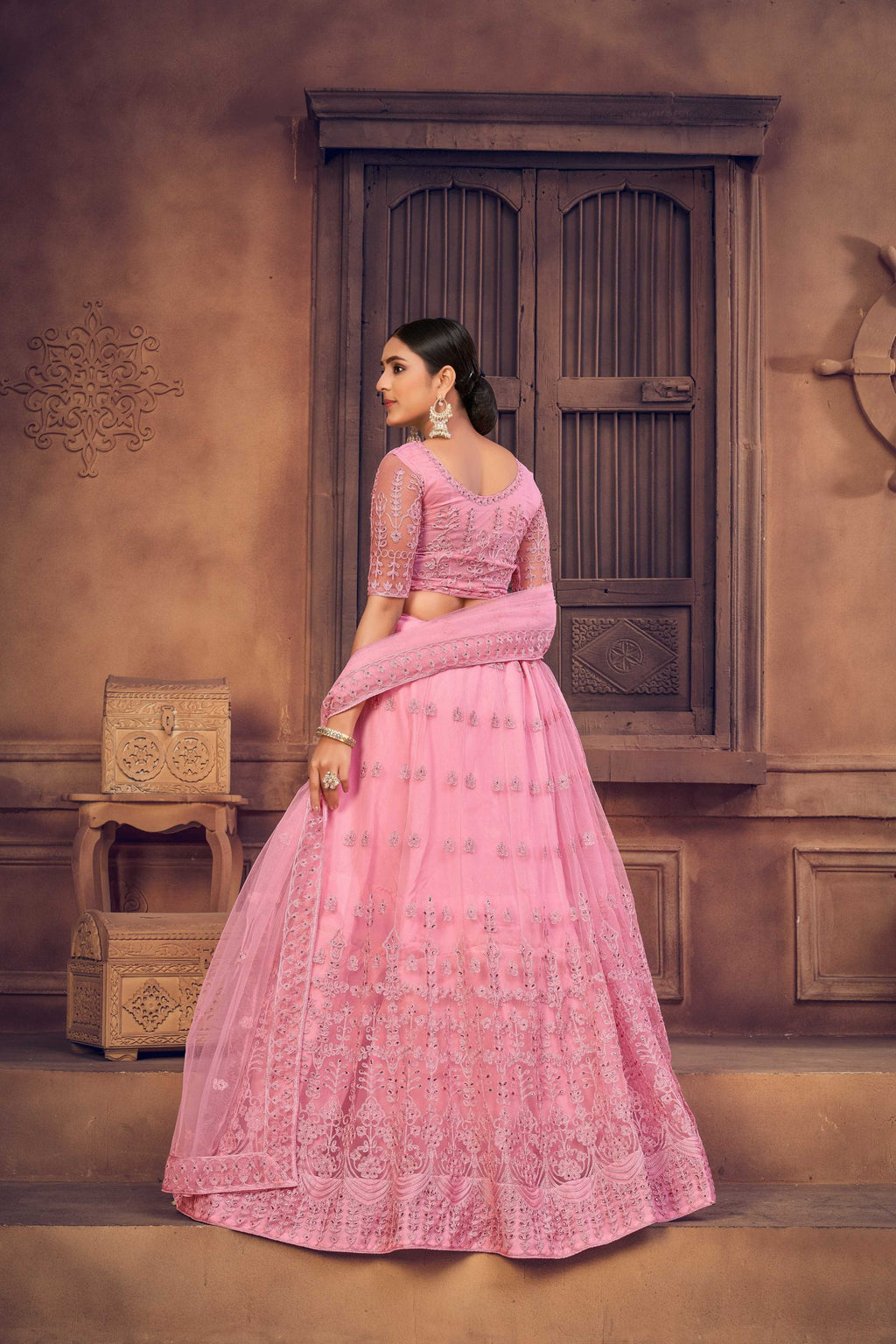 Baby Pink Net Thread Embroidered Lehenga Choli Set for Girls