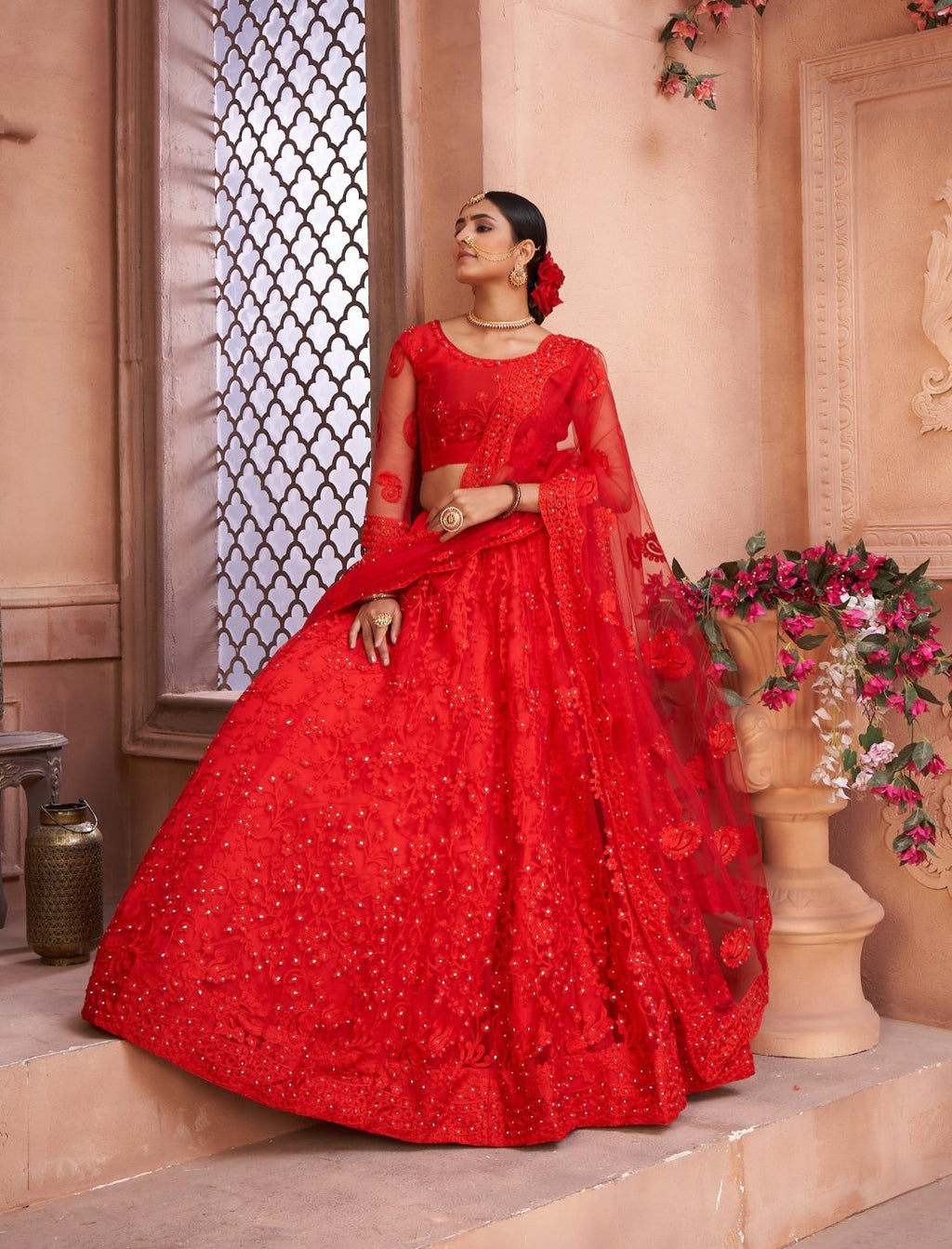 Red Net Thread Embroidered Designer Lehenga Choli Set