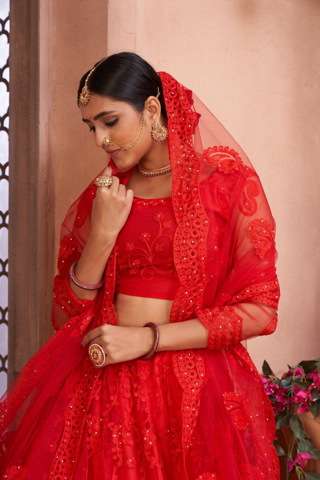 Red Net Thread Embroidered Designer Lehenga Choli Set