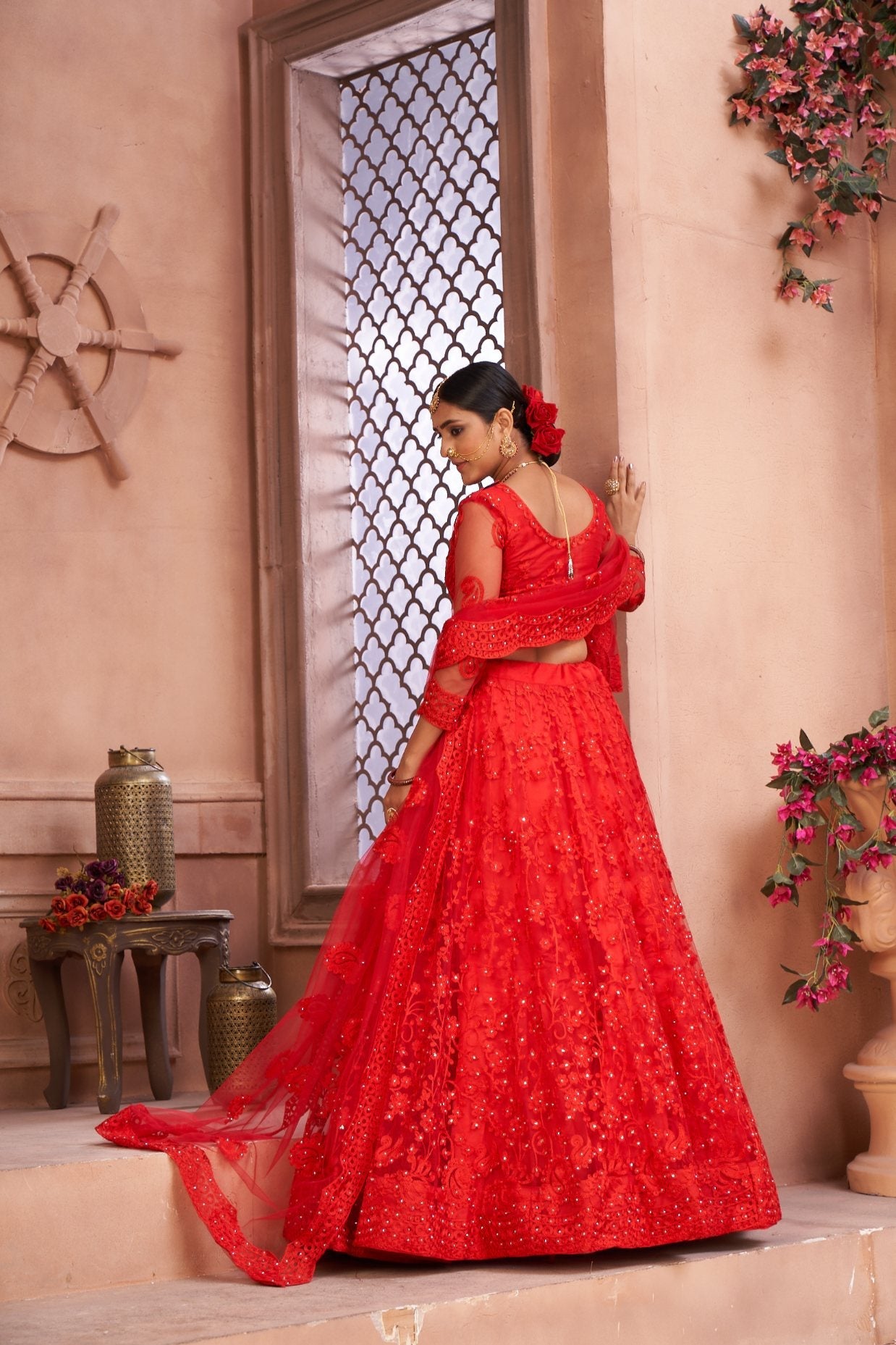 Red Net Thread Embroidered Designer Lehenga Choli Set