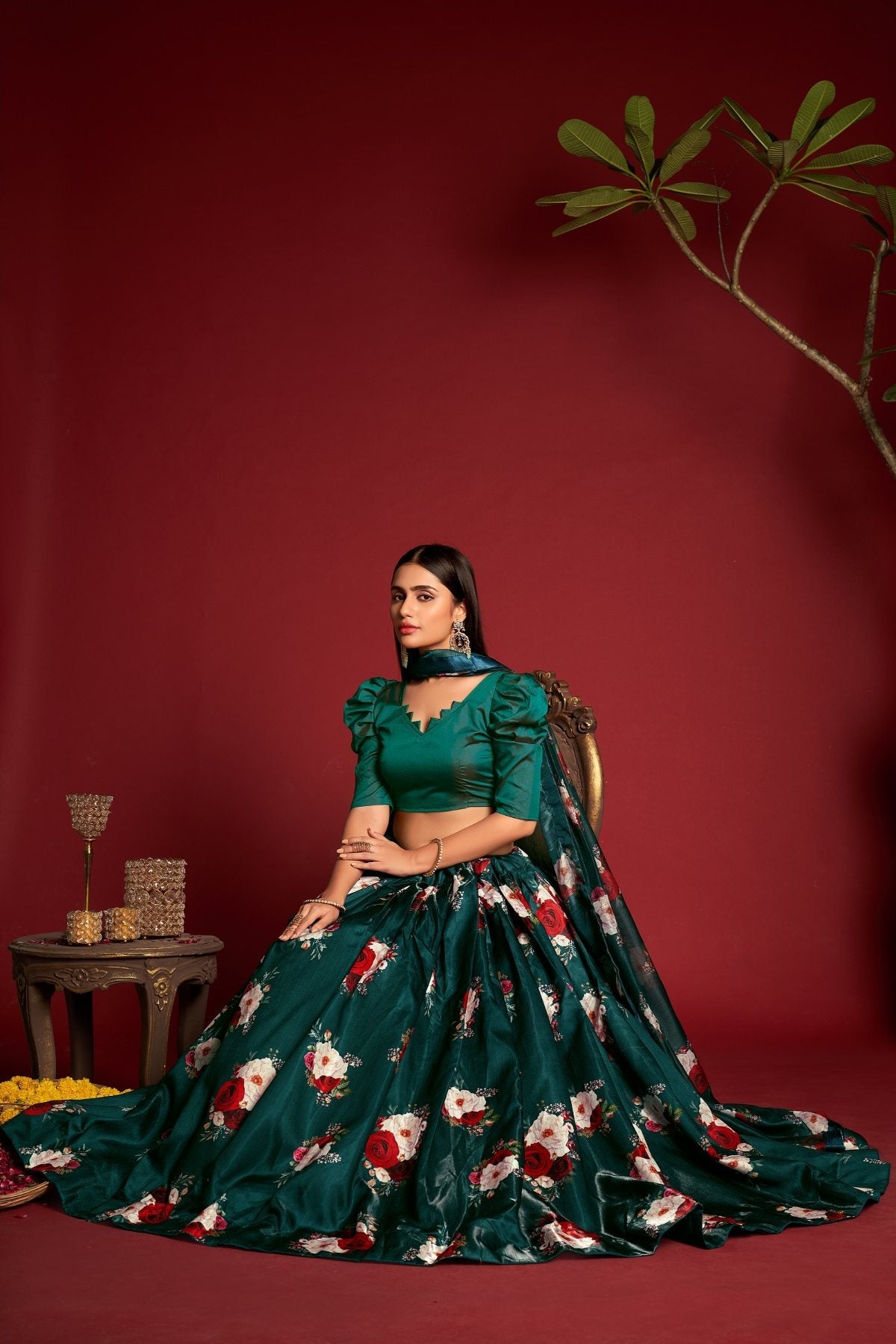 Women's Teal Banglory Silk Floral Printed Lehenga Choli Set