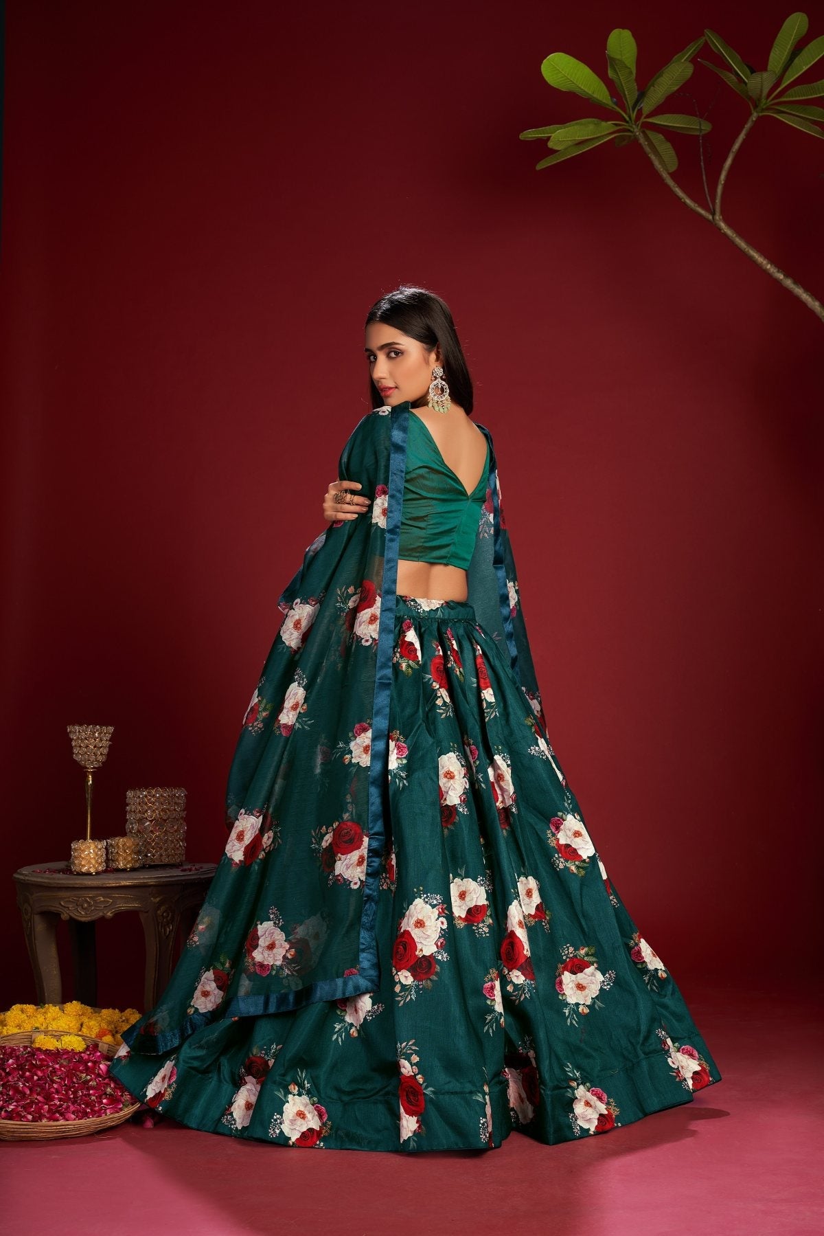 Women's Teal Banglory Silk Floral Printed Lehenga Choli Set