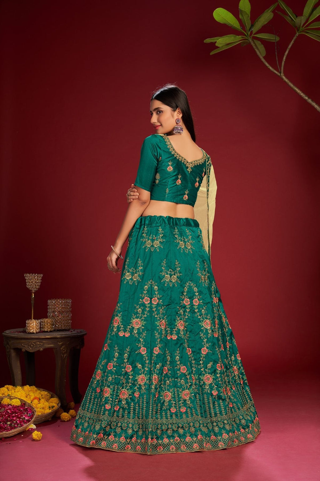 Dark Green Taffeta Silk Thread Embroidered Lehenga Choli Set