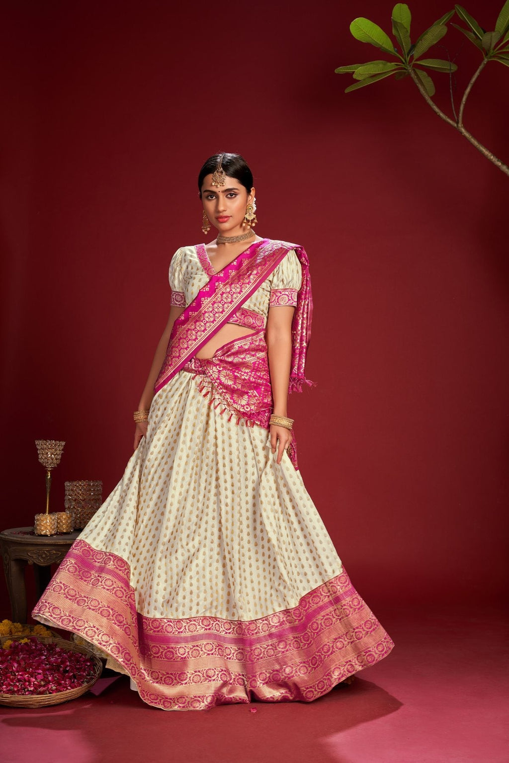 Women's White Jacquard Zari Woven Designer Lehenga Choli Set