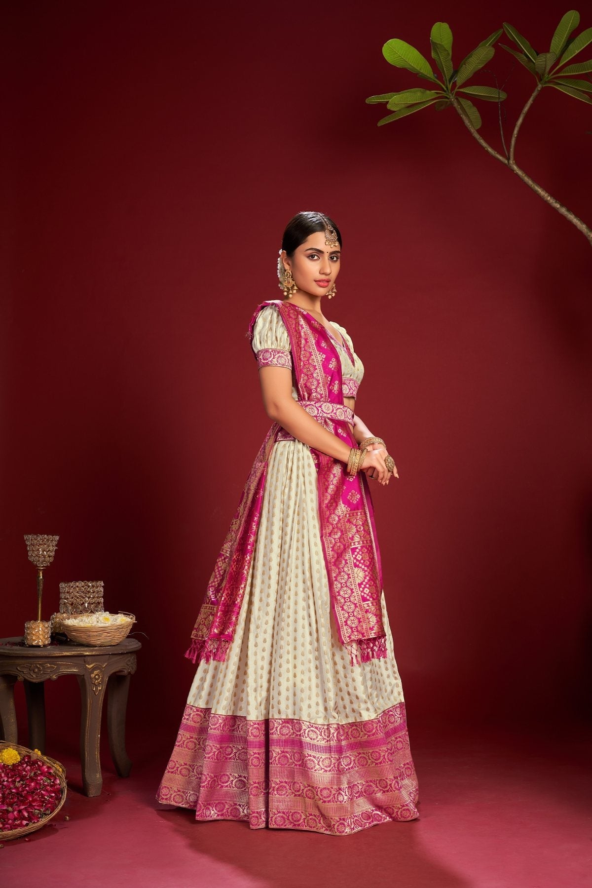 Women's White Jacquard Zari Woven Designer Lehenga Choli Set