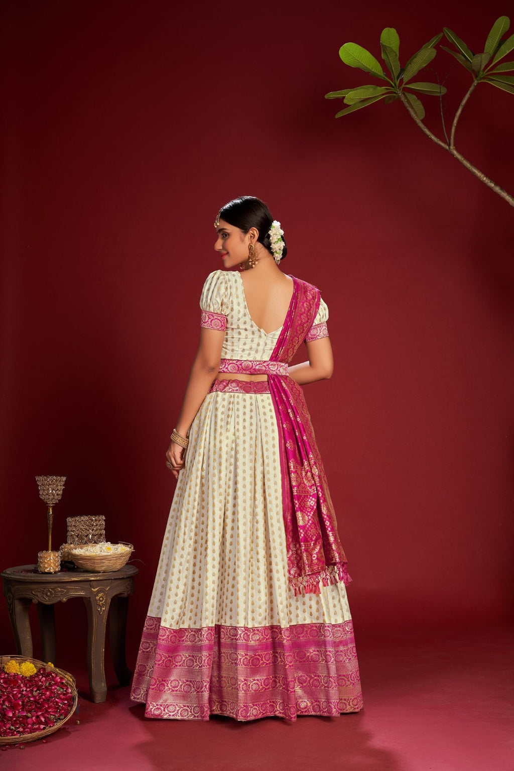 Women's White Jacquard Zari Woven Designer Lehenga Choli Set