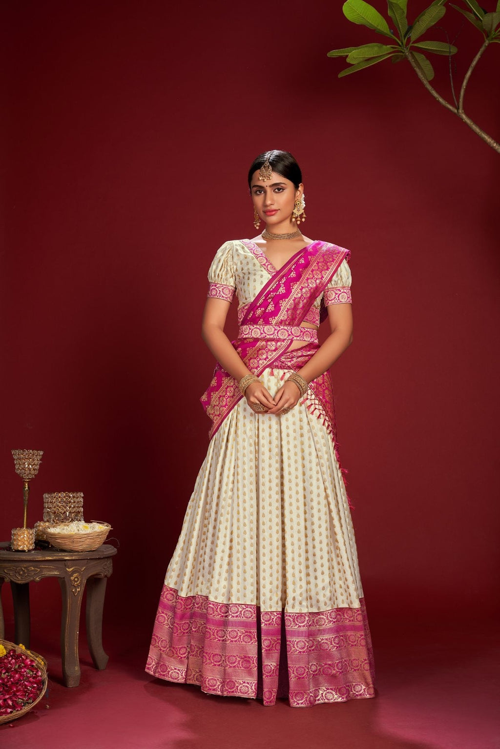 White jacquard designer lehenga choli with zari weaving details