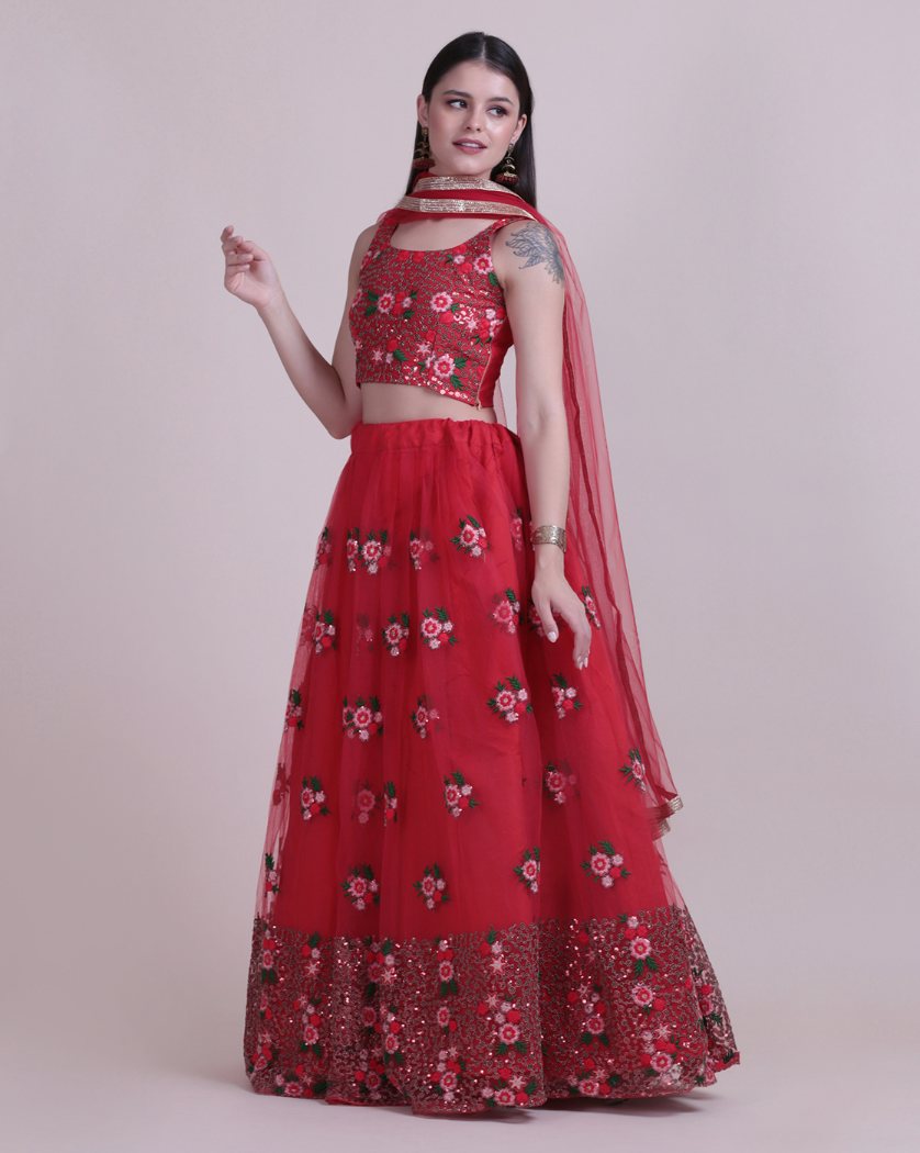 Red Net Lehenga Choli with Intricate Thread Embroidery