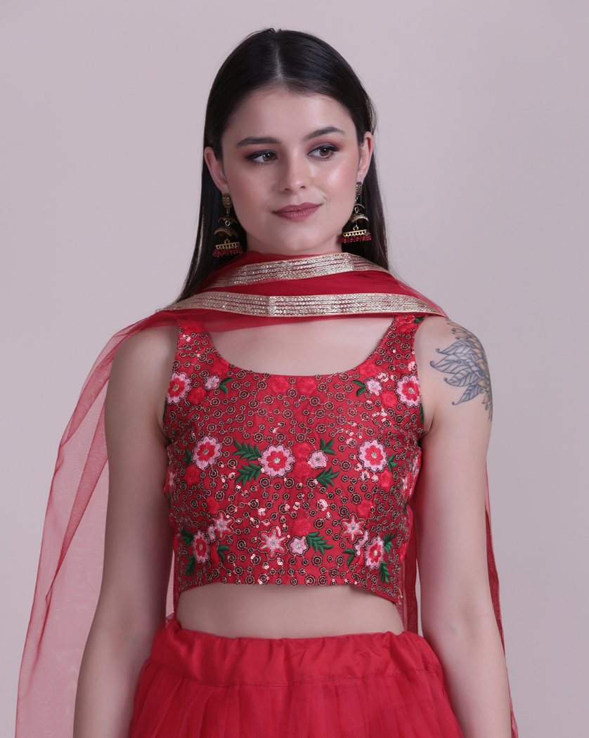 Red Net Lehenga Choli with Intricate Thread Embroidery