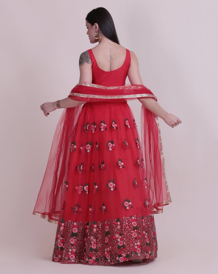 Red Net Lehenga Choli with Intricate Thread Embroidery