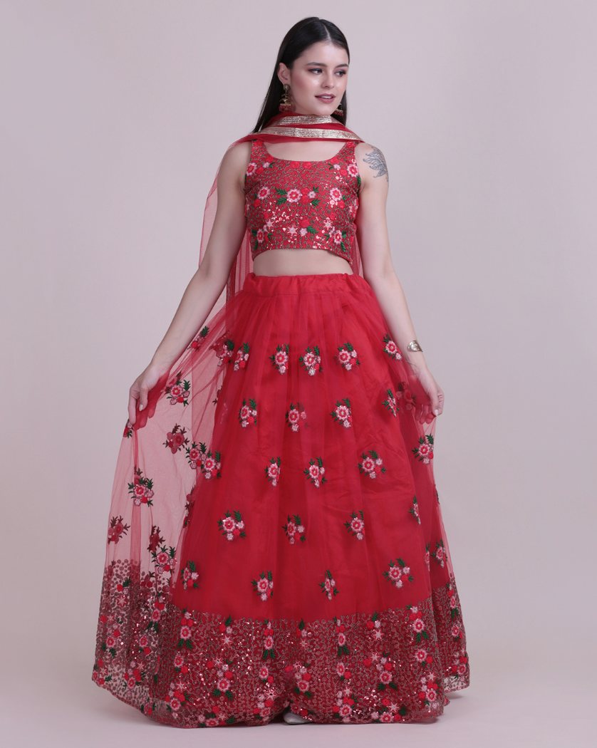Vibrant red net lehenga choli set with fine thread embroidery for festive events