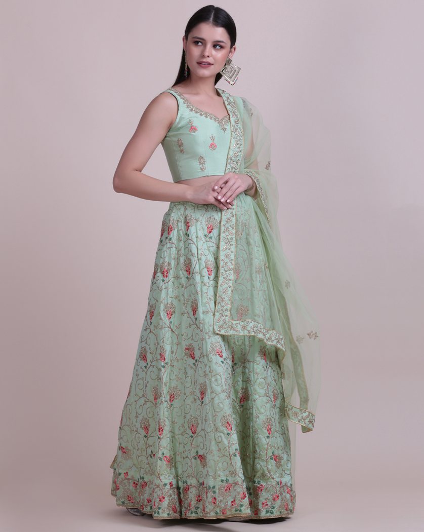 Sea Green Taffeta Silk Thread Embroidered Designer Lehenga Choli