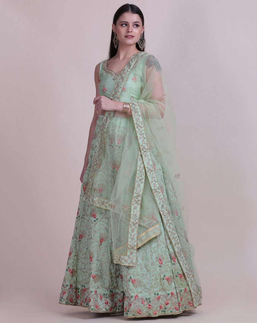 Sea Green Taffeta Silk Thread Embroidered Designer Lehenga Choli