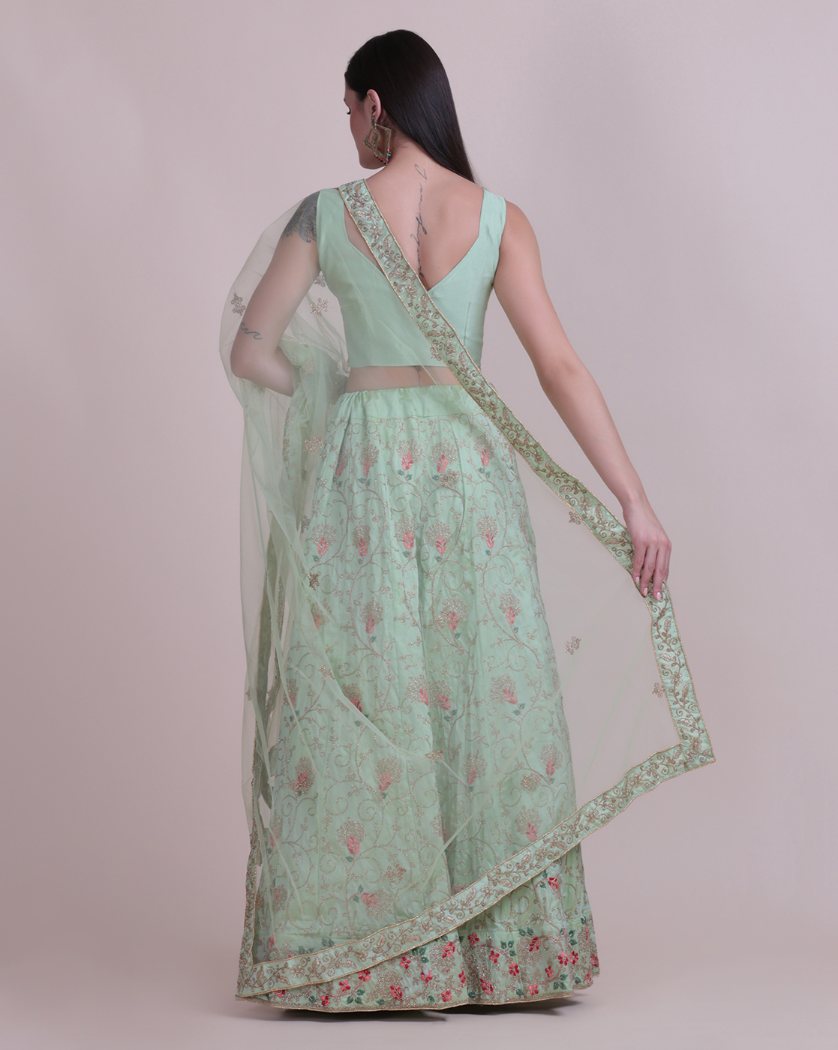 Sea Green Taffeta Silk Thread Embroidered Designer Lehenga Choli