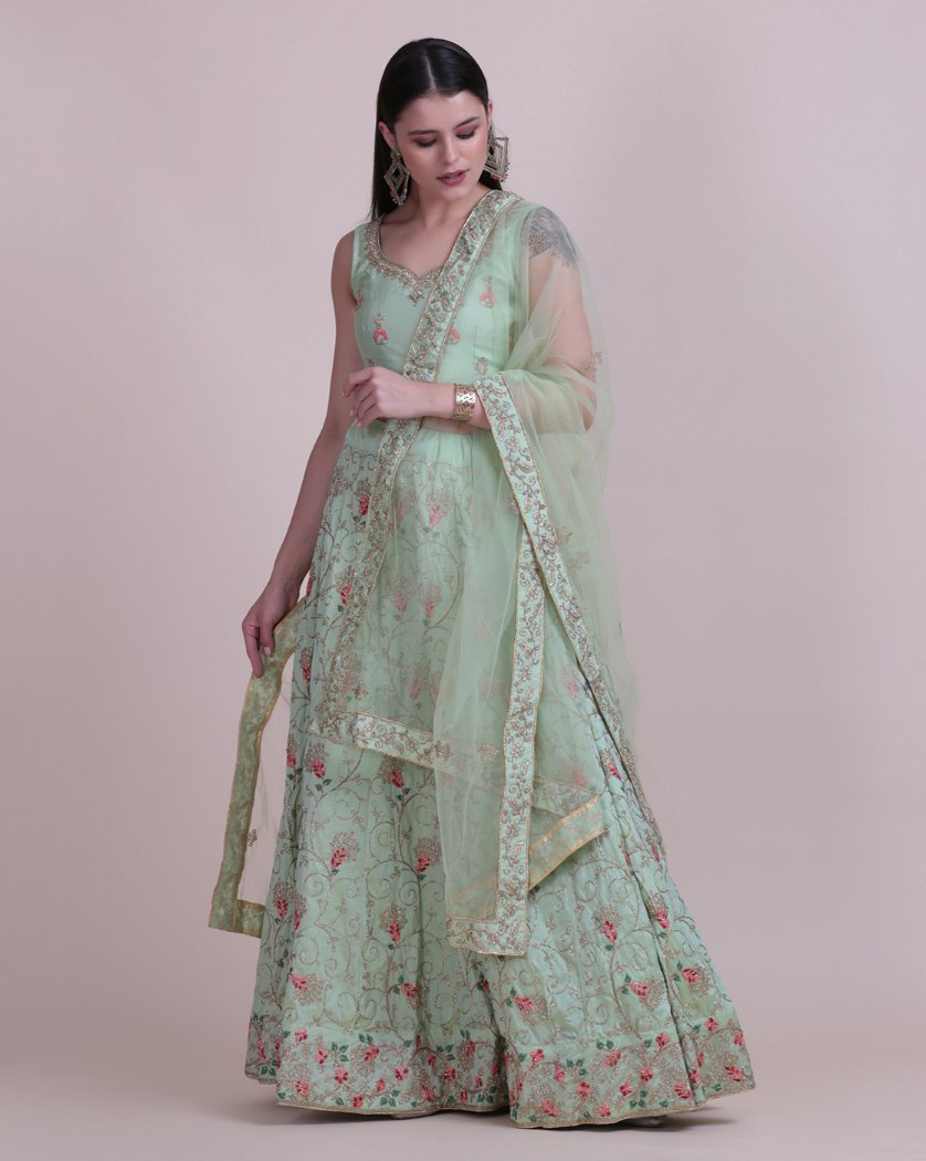 Elegant sea green taffeta silk lehenga choli with delicate thread embroidery