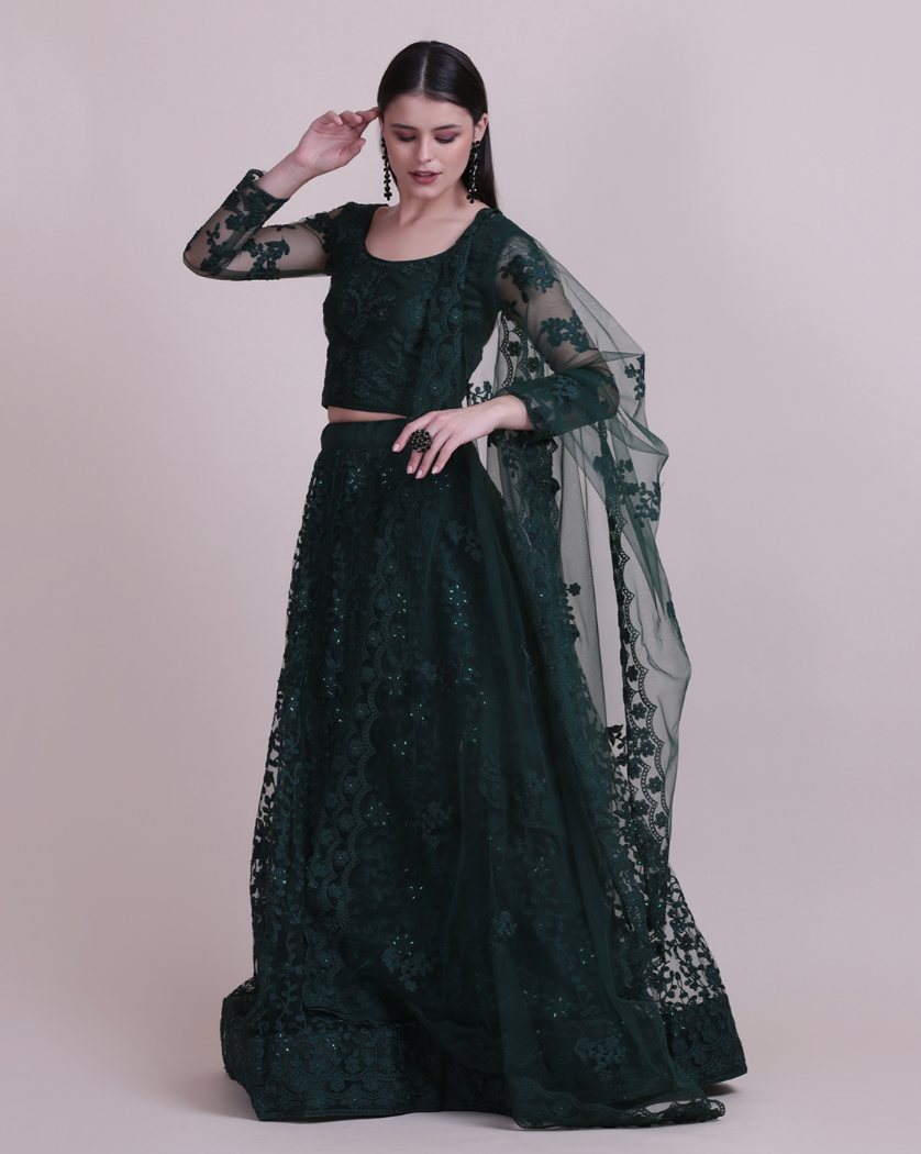 Dark Green Net Lehenga Choli with Intricate Thread Embroidery