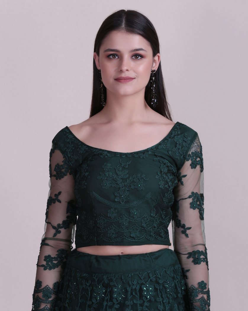 Dark Green Net Lehenga Choli with Intricate Thread Embroidery