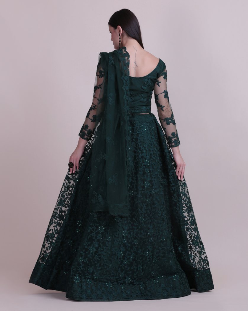 Dark Green Net Lehenga Choli with Intricate Thread Embroidery