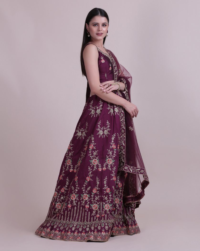 Women's Wine Taffeta Silk Thread Embroidered Lehenga Choli Set