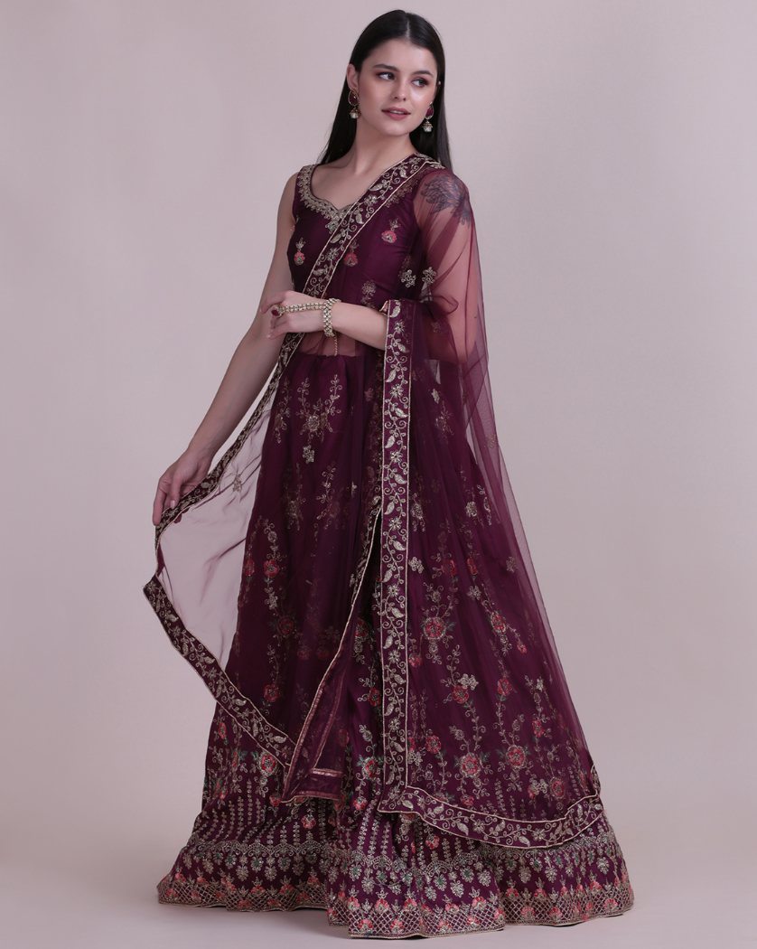 Women's Wine Taffeta Silk Thread Embroidered Lehenga Choli Set