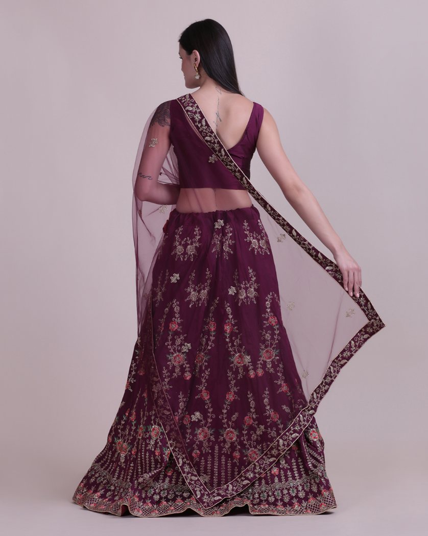 Women's Wine Taffeta Silk Thread Embroidered Lehenga Choli Set