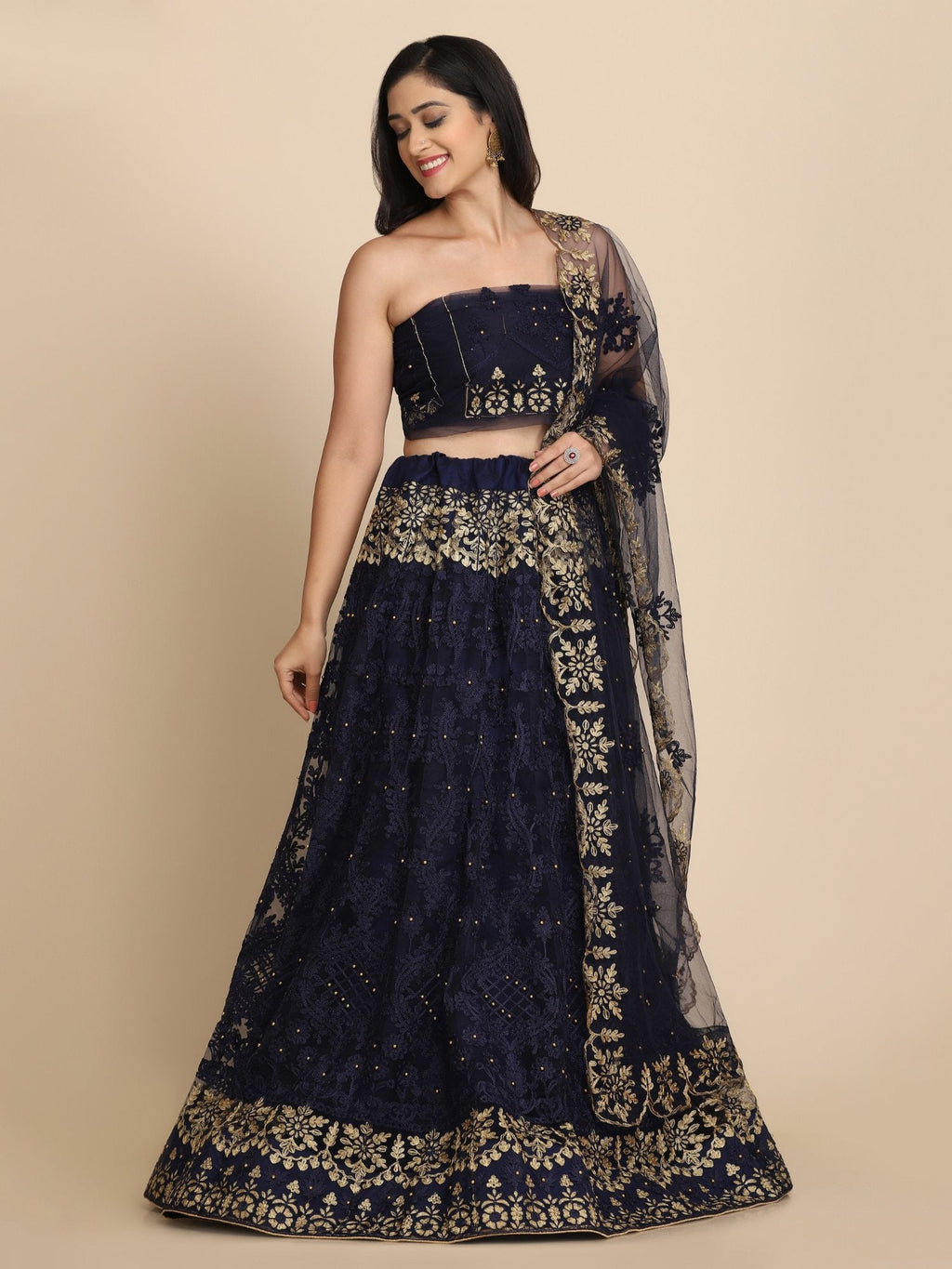 Navy Blue Net Thread Embroidered Designer Lehenga Choli Set