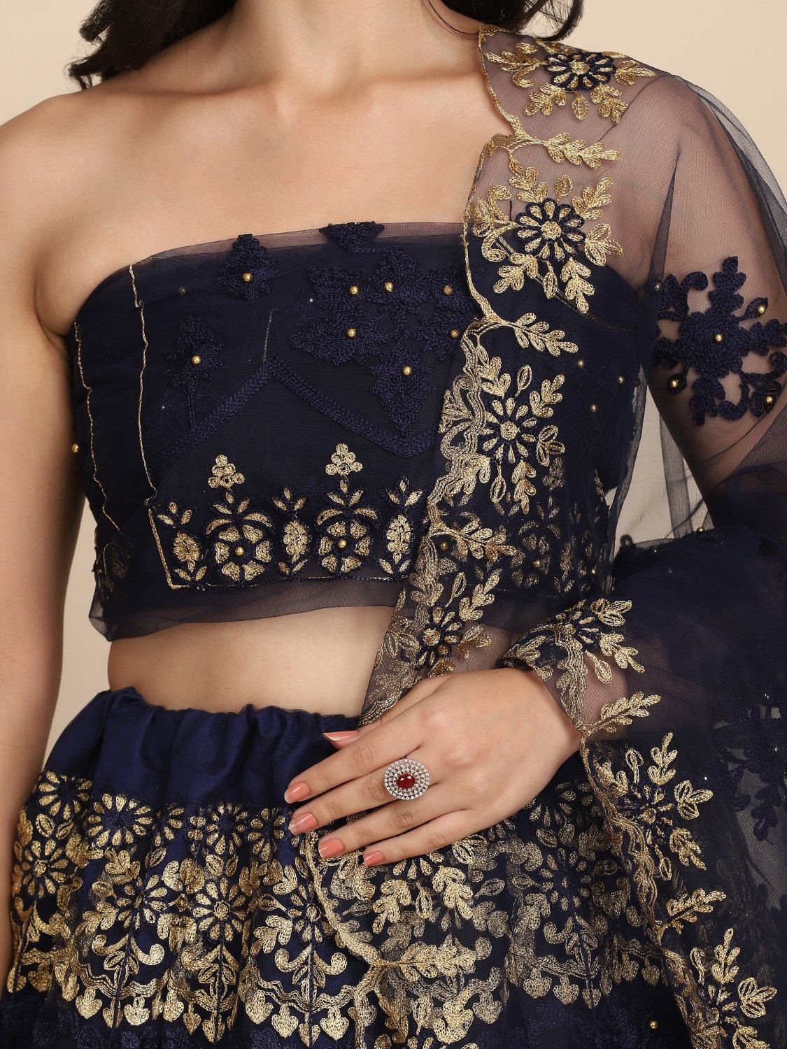 Navy Blue Net Thread Embroidered Designer Lehenga Choli Set