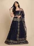 Navy blue net lehenga choli with intricate thread embroidery design.