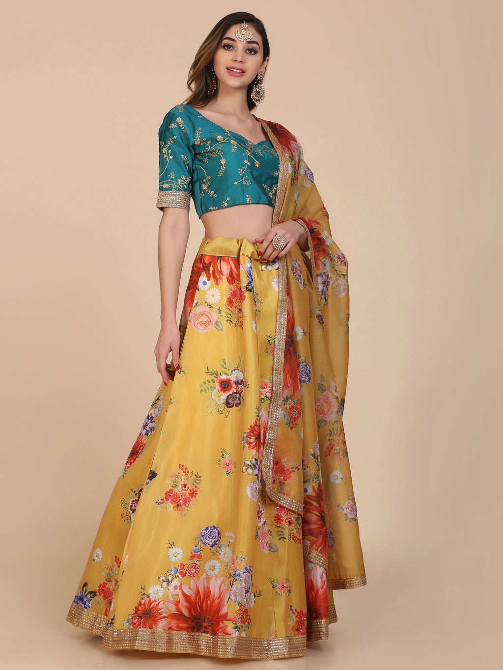 Yellow Banglory Silk Floral Printed Designer Lehenga Choli Set