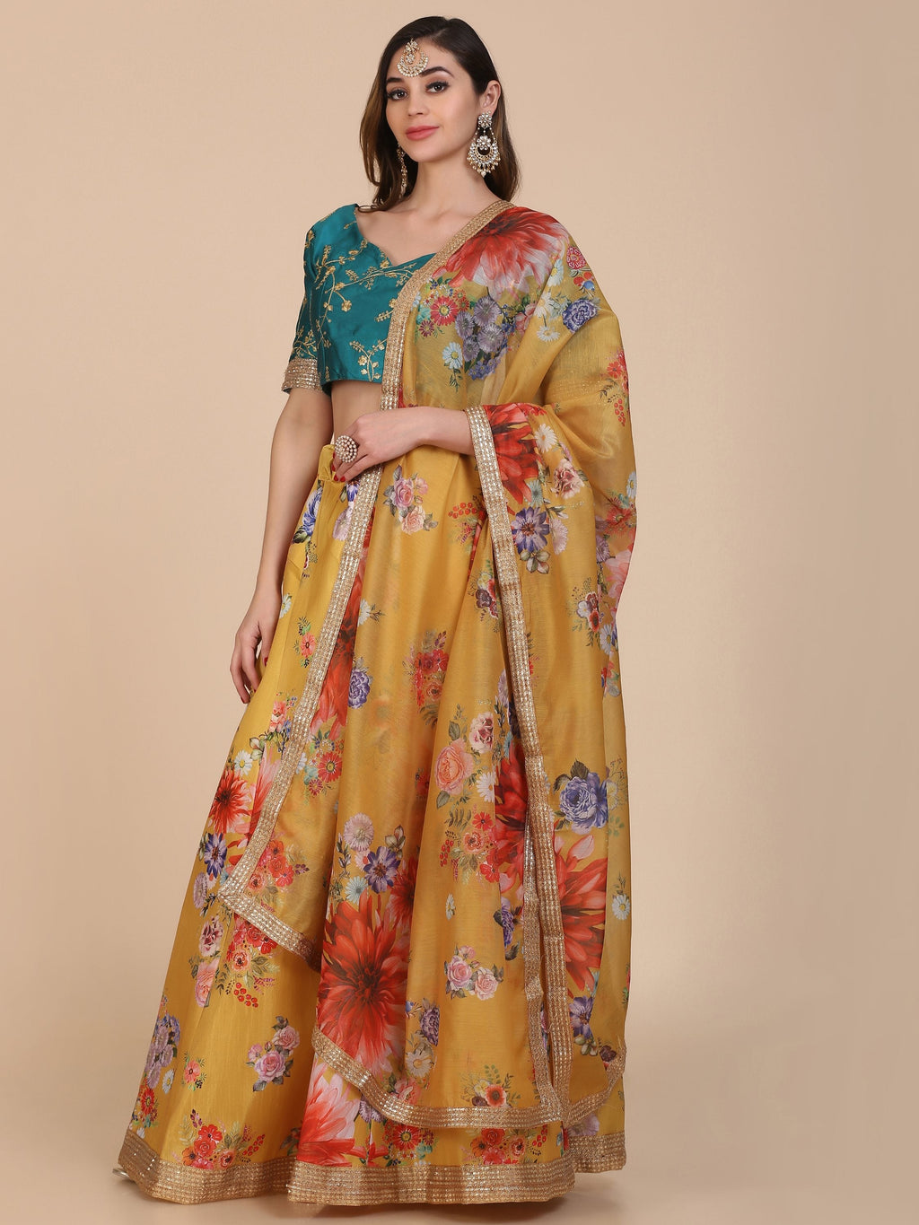 Yellow Banglory Silk Floral Printed Designer Lehenga Choli Set