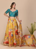 Yellow Banglory Silk lehenga choli set with vibrant floral prints.