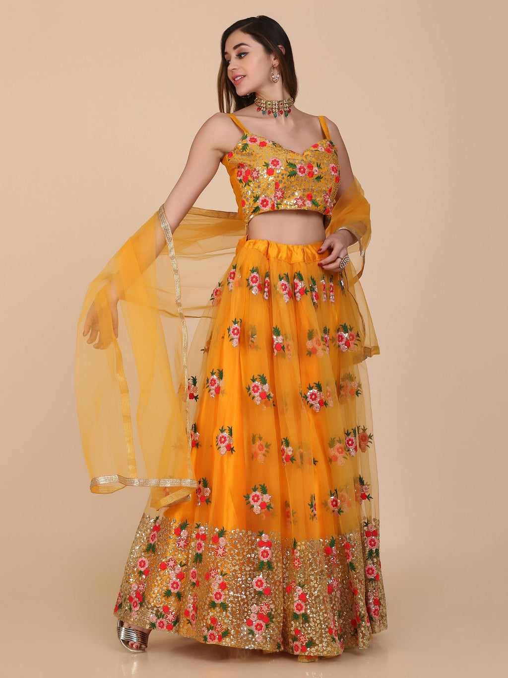 Women's Yellow Net Thread Embroidered Lehenga Choli Set