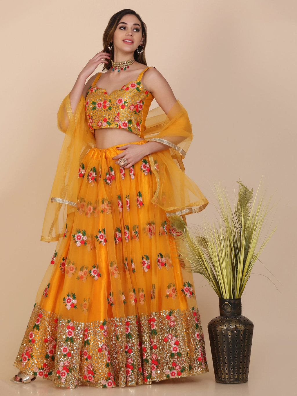 Women's Yellow Net Thread Embroidered Lehenga Choli Set