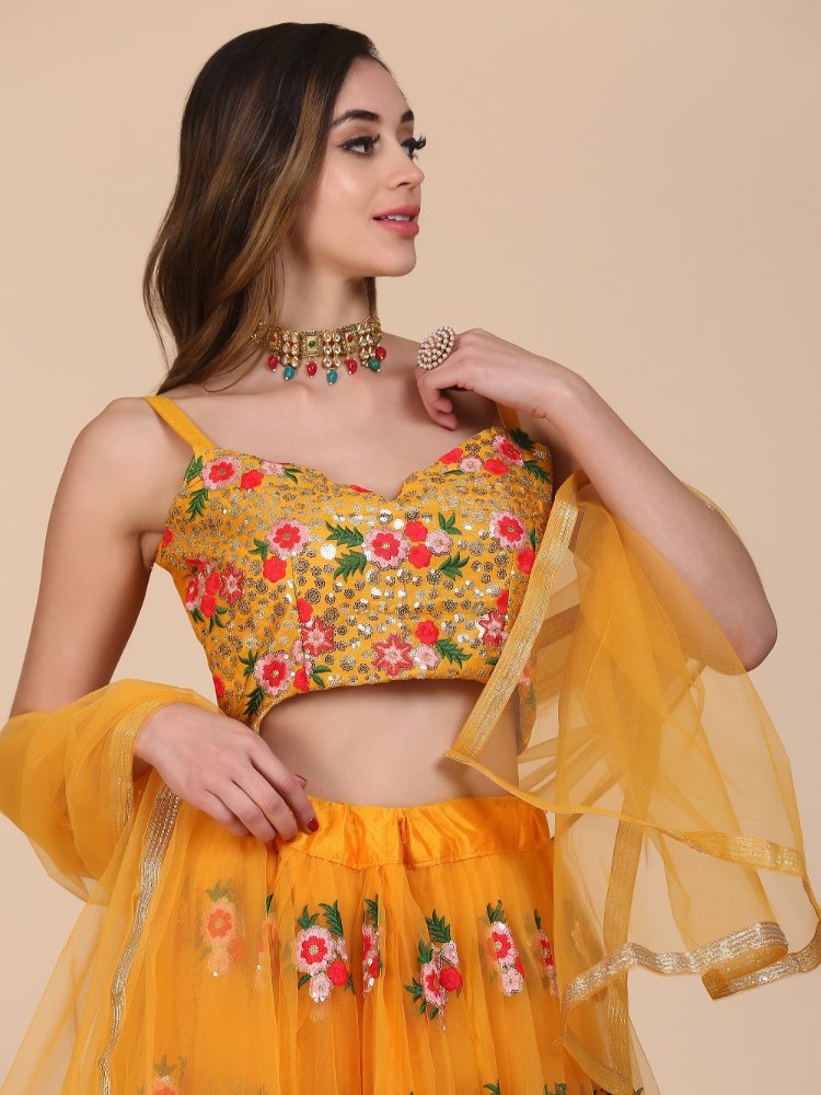 Women's Yellow Net Thread Embroidered Lehenga Choli Set